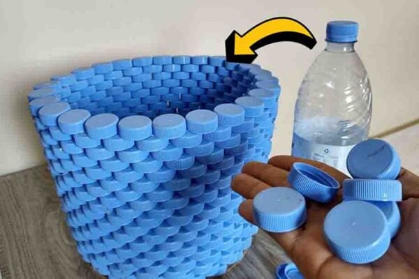 Finished DIY Laundry Basket Using Plastic Bottle Caps, a completed DIY project