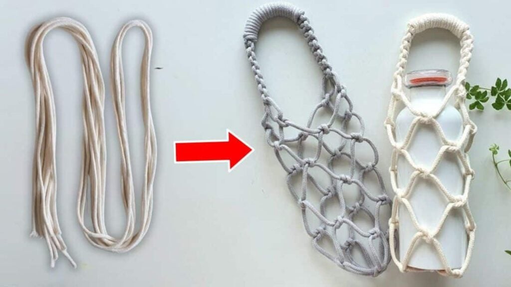 Finished DIY Macrame Tumbler Bottle Holder, a completed DIY project
