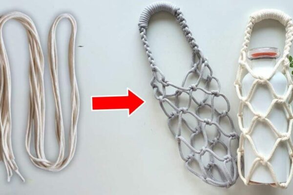 Finished DIY Macrame Tumbler Bottle Holder, a completed DIY project