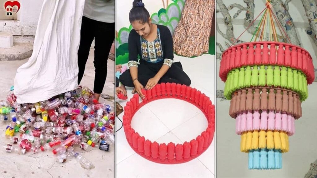 Finished DIY Plastic Bottle Chandelier, a completed DIY project