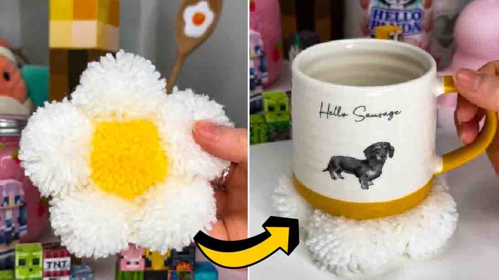 Finished DIY Pompom Flower Mug Rug, a completed DIY project