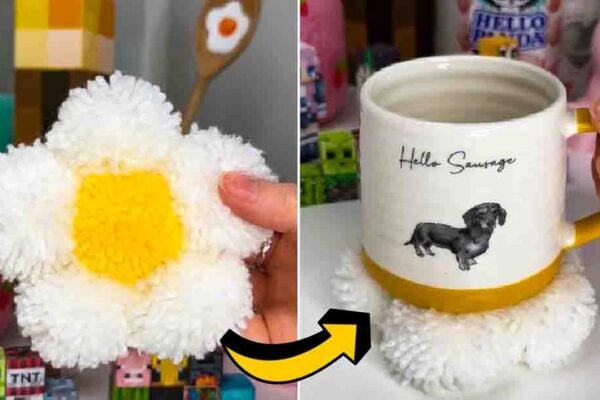 Finished DIY Pompom Flower Mug Rug, a completed DIY project