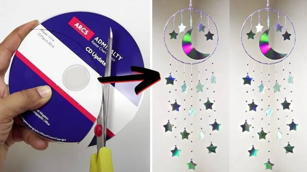 Finished Moon And Star Hanging Décor Made Out Of Old CD, a completed DIY project