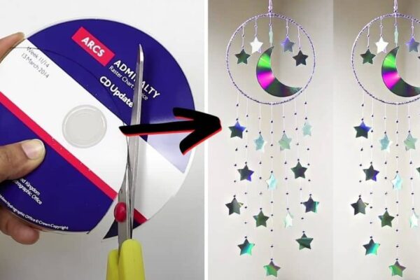 Finished Moon And Star Hanging Décor Made Out Of Old CD, a completed DIY project