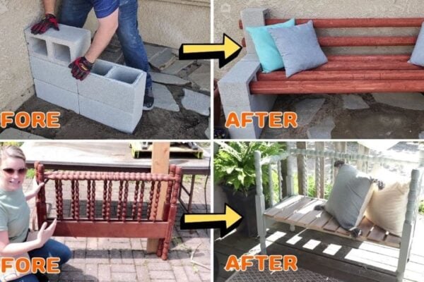 Finished DIY Outdoor Benches Using Cinder Blocks & An Old Headboard, a completed DIY project