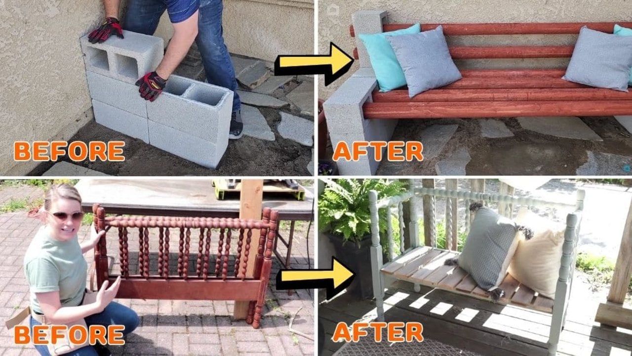 Repurposed Outdoor Benches, Cinder Block and Headboard Two repurposed outdoor benches before and after, one from cinder blocks and planks and one from an old headboard
