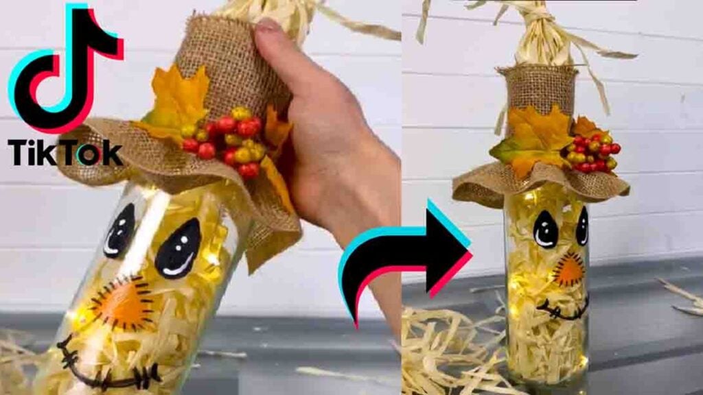 Finished DIY Scarecrow Bottle Decor, a completed DIY project