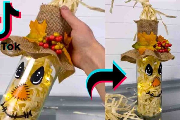 Finished DIY Scarecrow Bottle Decor, a completed DIY project