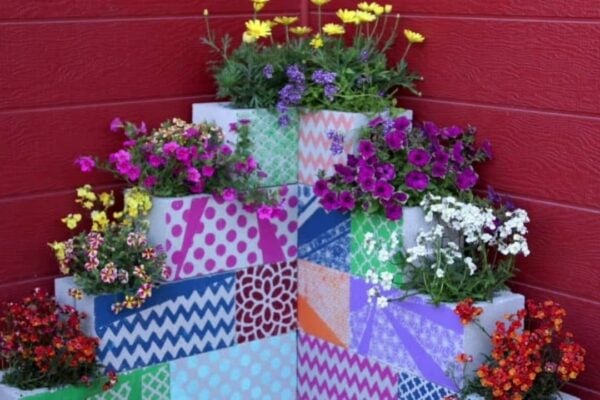 Finished DIY Stenciled Cinder Block Planters, a completed DIY project