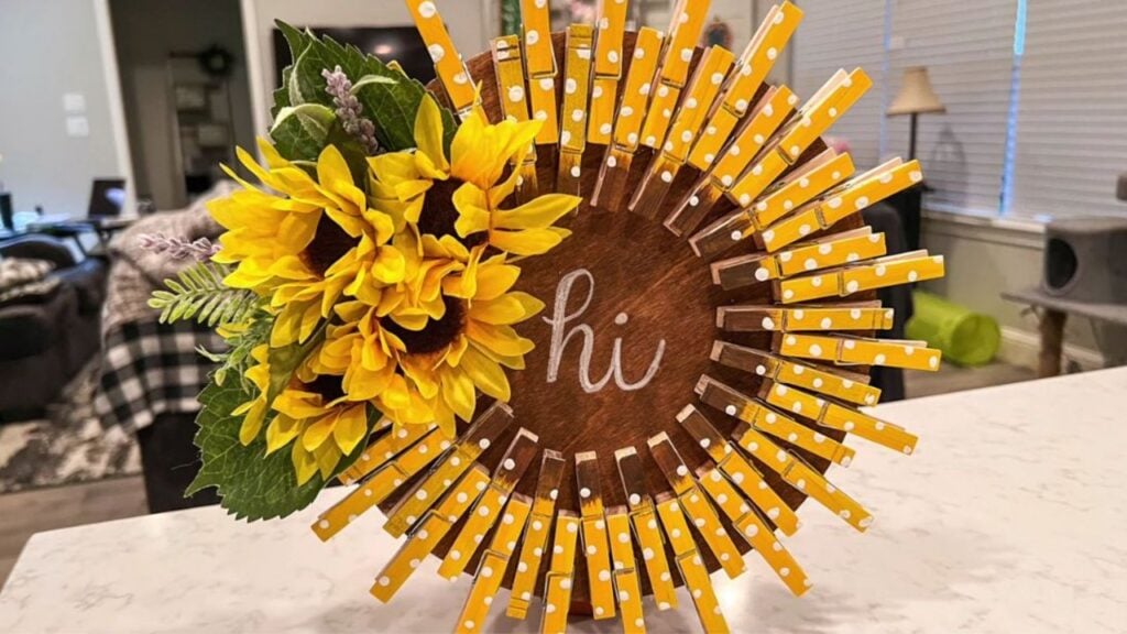 Finished DIY Sunflower Wreath Using Dollar Tree Clothespins, a completed DIY project