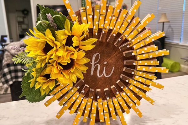 Finished DIY Sunflower Wreath Using Dollar Tree Clothespins, a completed DIY project