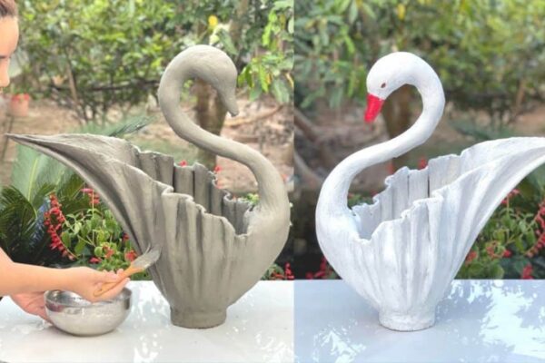 Finished DIY Swan-Shaped Cement Pot Using Old Fabric, a completed DIY project