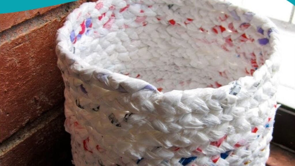Finished Weave This Trash Can From Plastic Grocery Bags, a completed DIY project