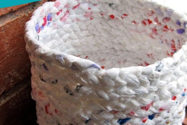 Finished Weave This Trash Can From Plastic Grocery Bags, a completed DIY project