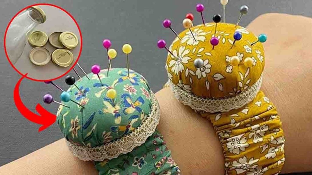 Finished DIY Wrist Pin Cushion Using A Bottle Cap, a completed DIY project