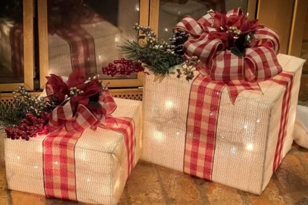 Finished Dollar Tree Light-Up Gift Christmas Decor, a completed DIY project