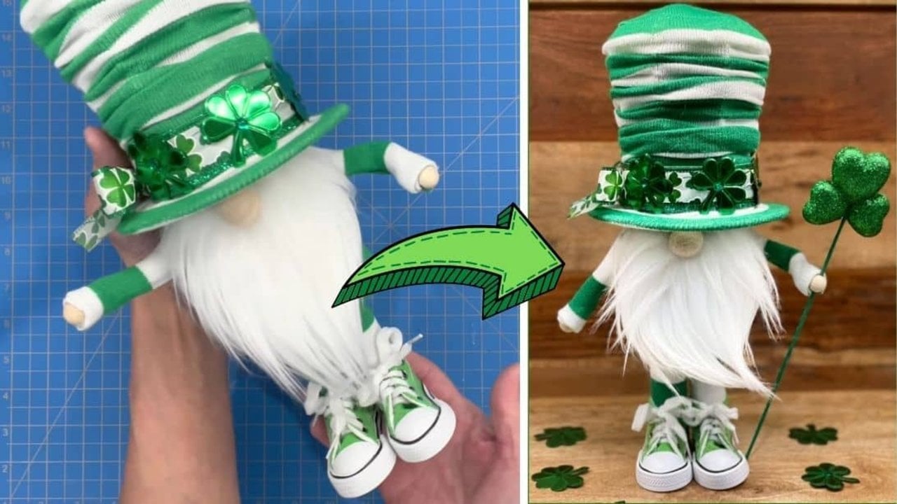 Dollar Tree St Patrick's Day gnome with a green striped sock top hat, faux fur beard, sneakers and a glitter shamrock wand