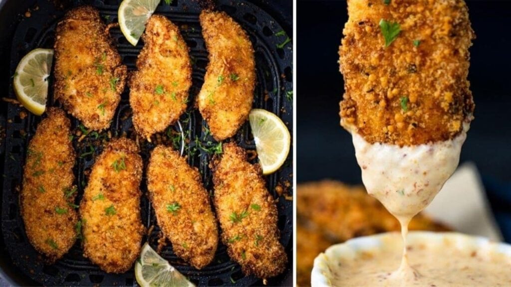 Air Fryer Chicken Tenders with Honey Mustard Sauce, homemade and freshly served