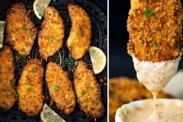 Air Fryer Chicken Tenders with Honey Mustard Sauce, homemade and freshly served