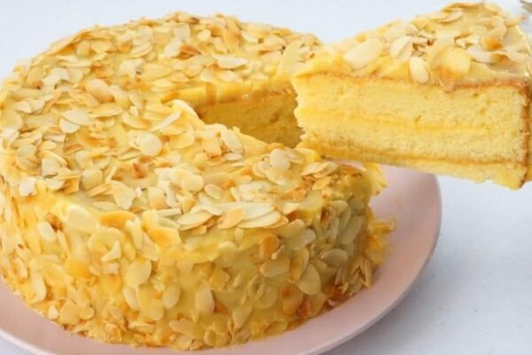 Fluffy Almond Custard Cake, homemade and freshly served