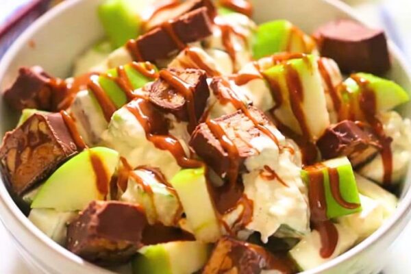 6-Ingredient Apple Snickers Caramel Salad, homemade and freshly served