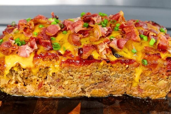 Easy Bacon Cheeseburger Meatloaf, homemade and freshly served