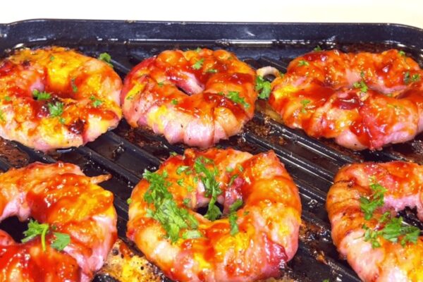 Cheesy Bacon-Wrapped Pineapple Rings, homemade and freshly served