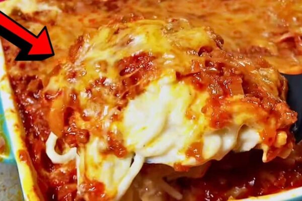 Cheesy Baked Alfredo Spaghetti Casserole, homemade and freshly served