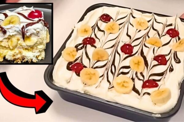 Easy No-Bake Banana Split Cake, homemade and freshly served