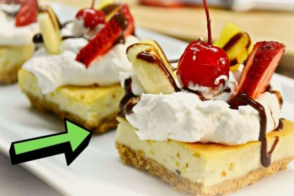 Easy Banana Split Cheesecake Squares, homemade and freshly served