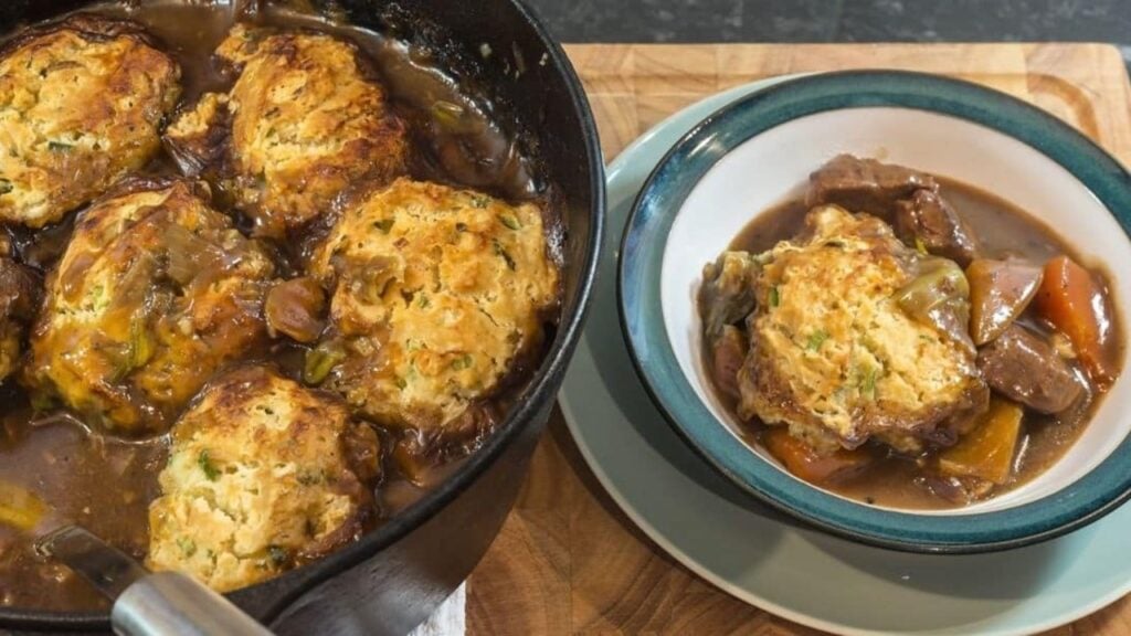 Easy Beef Stew & Crispy Dumplings, homemade and freshly served