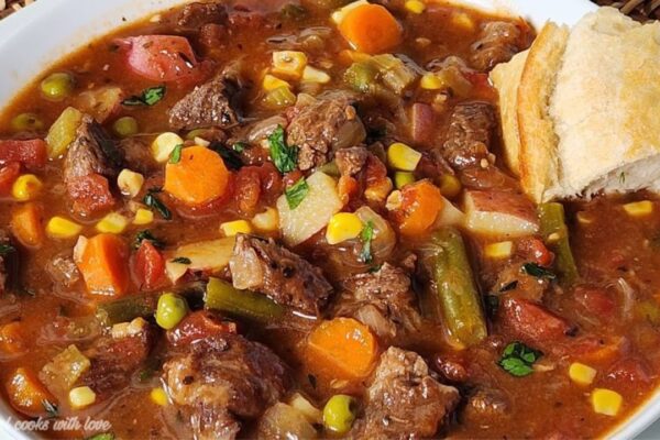 Stovetop Loaded Beef & Vegetable Soup, homemade and freshly served