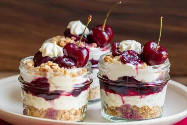 Super Easy No-Bake Boozy Cherry Cheesecake Jars, homemade and freshly served