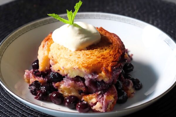 Unforgettable Blueberry Bread Pudding, homemade and freshly served