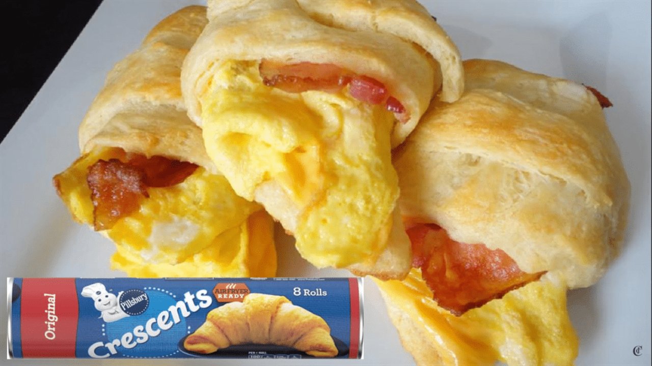 Bacon Egg Cheese Crescent Roll Ups Bacon egg and cheese crescent roll ups filled with scrambled egg, bacon and American cheese, baked golden