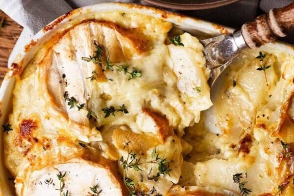 Easy Brie Dauphinoise Potatoes, homemade and freshly served