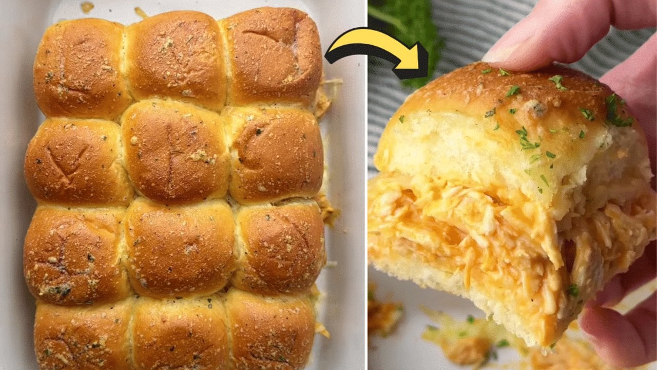Buffalo chicken sliders on Hawaiian rolls with melted cheese and a butter ranch glaze on top for an easy weeknight dinner