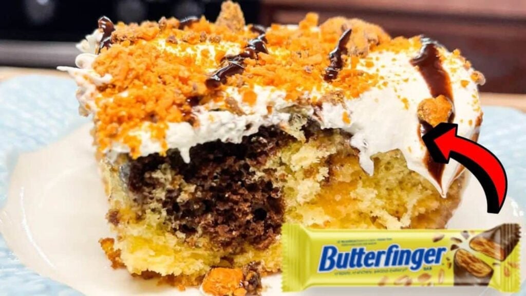 Easy Butterfinger Poke Cake, homemade and freshly served