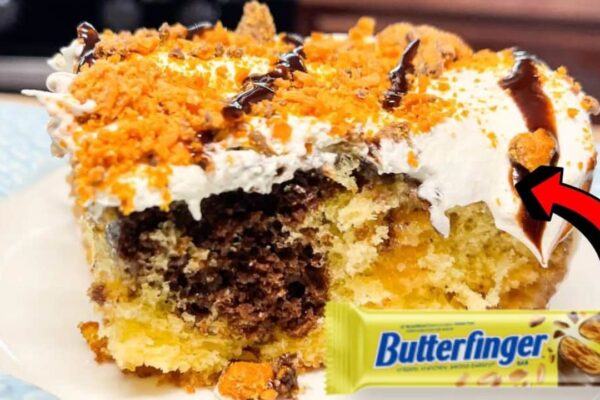 Easy Butterfinger Poke Cake, homemade and freshly served