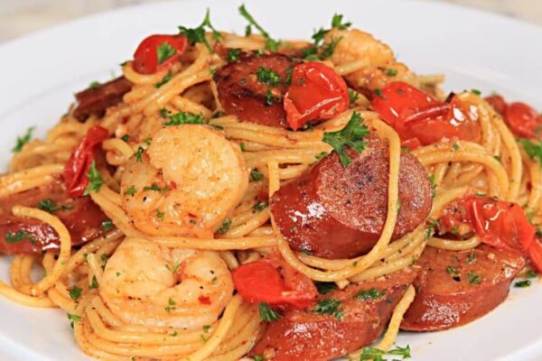 Easy Skillet Cajun Sausage & Shrimp Scampi, homemade and freshly served