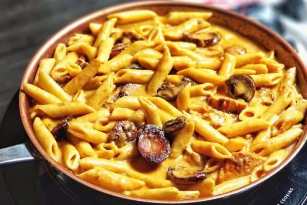 Easy Cajun Chicken, Sausage & Mushroom Pasta, homemade and freshly served
