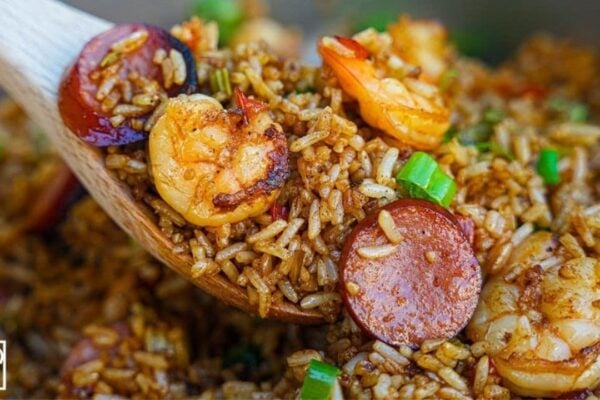 Loaded Cajun Shrimp and Sausage Fried Rice, homemade and freshly served