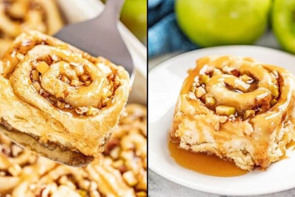 Easy Caramel Apple Cinnamon Rolls, homemade and freshly served