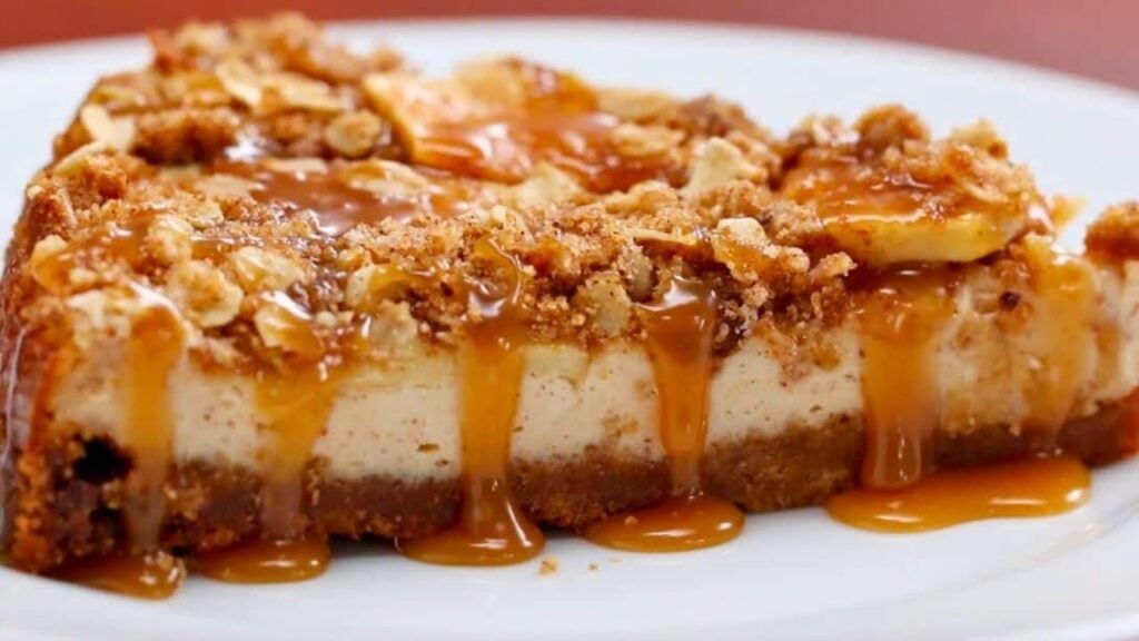 Easy Caramel Apple Crumble Cheesecake, homemade and freshly served