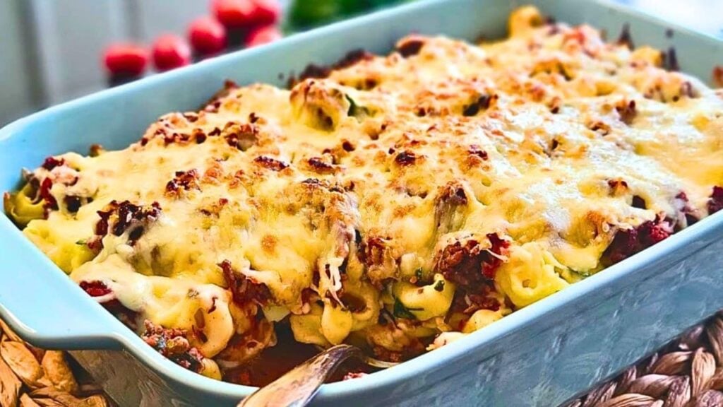 Easy-to-Make Loaded Beef and Cheese Tortellini Bake, homemade and freshly served