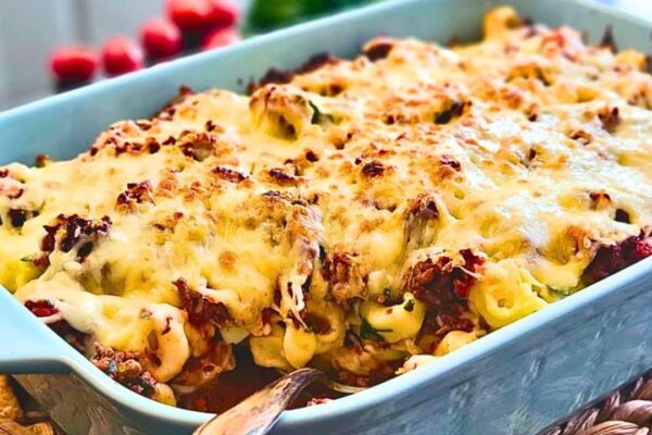Easy-to-Make Loaded Beef and Cheese Tortellini Bake, homemade and freshly served