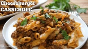 Easy Cheeseburger Bacon Casserole, homemade and freshly served