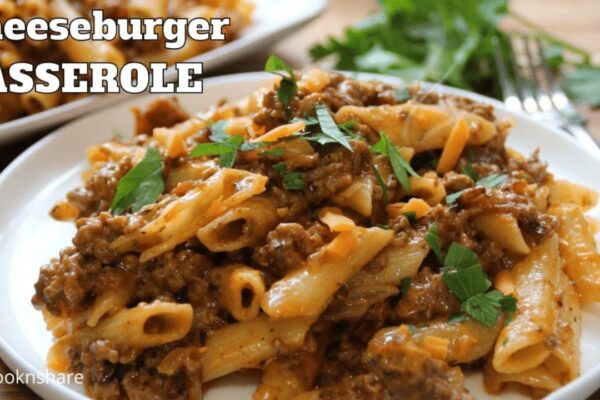 Easy Cheeseburger Bacon Casserole, homemade and freshly served