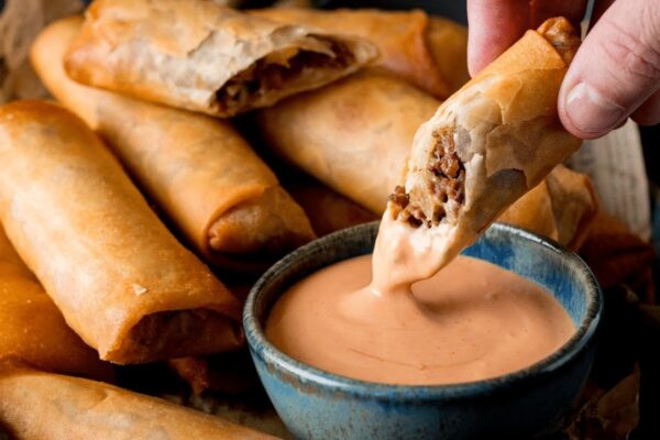 Crispy Cheeseburger Spring Rolls, homemade and freshly served