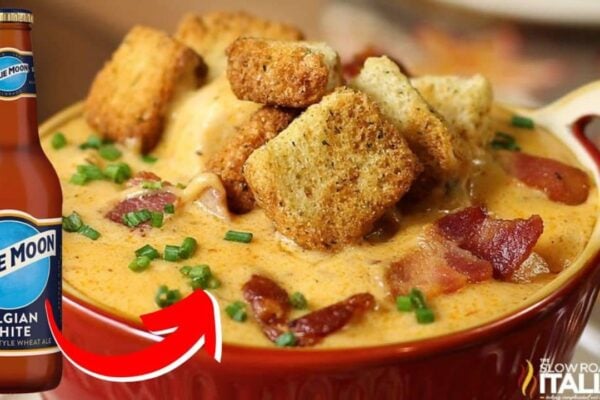 Easy-to-Make Cheesy Bacon and Beer Soup with Chicken, homemade and freshly served
